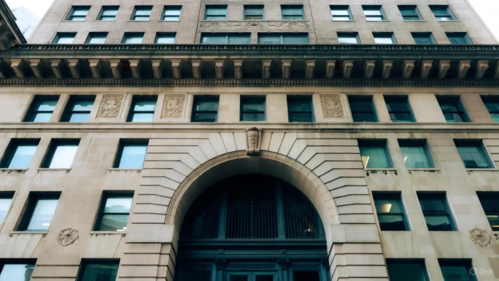 Grand building facade with arched entrance and ornate details.