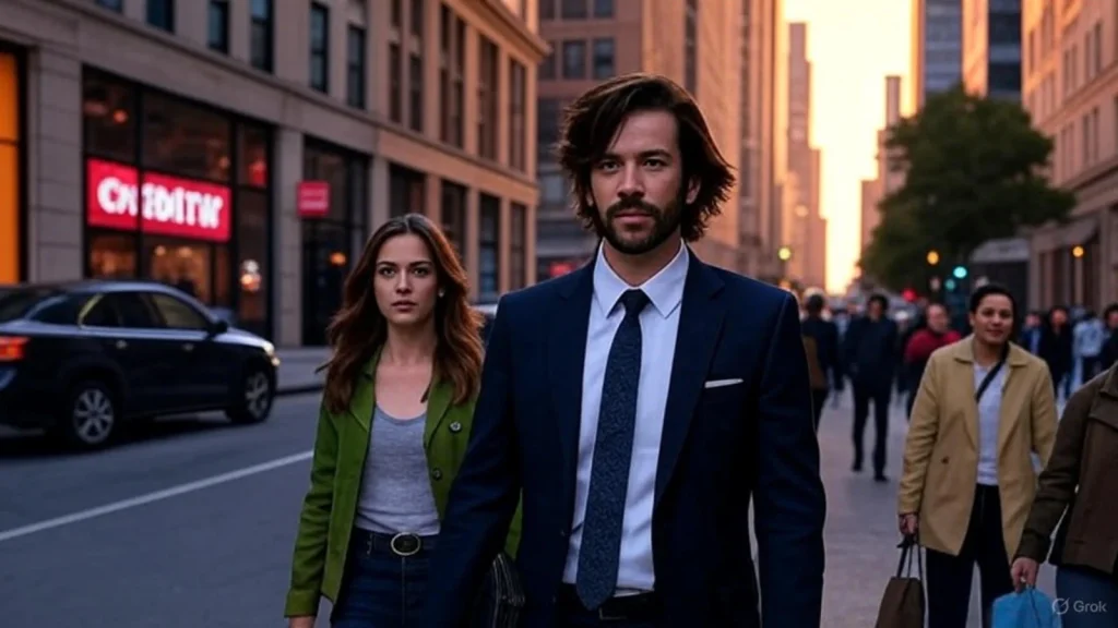 Businesspeople walking in NYC street with buildings and sunset glow.