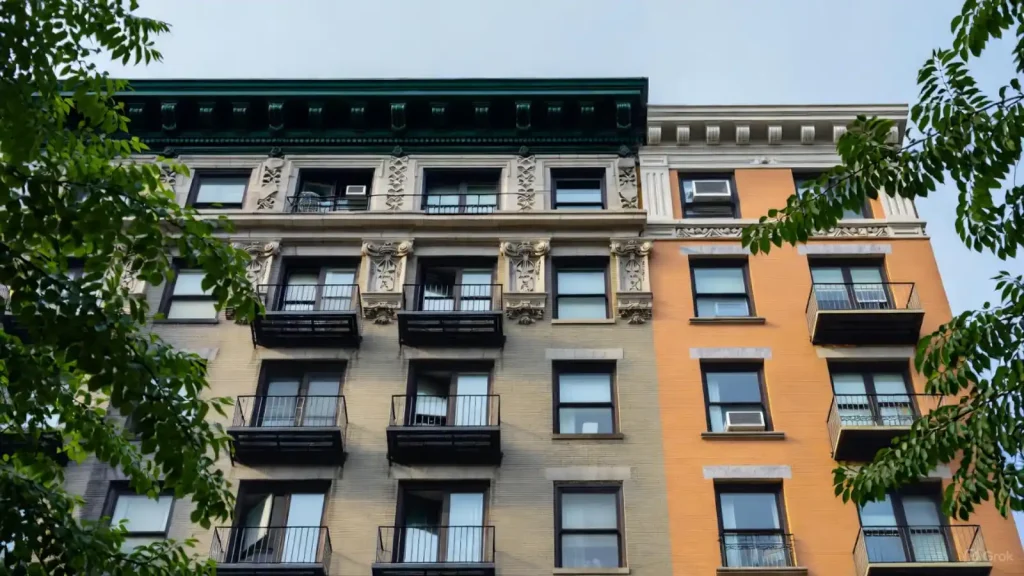 Historic NYC building with balconies, ornate details, and green roof.