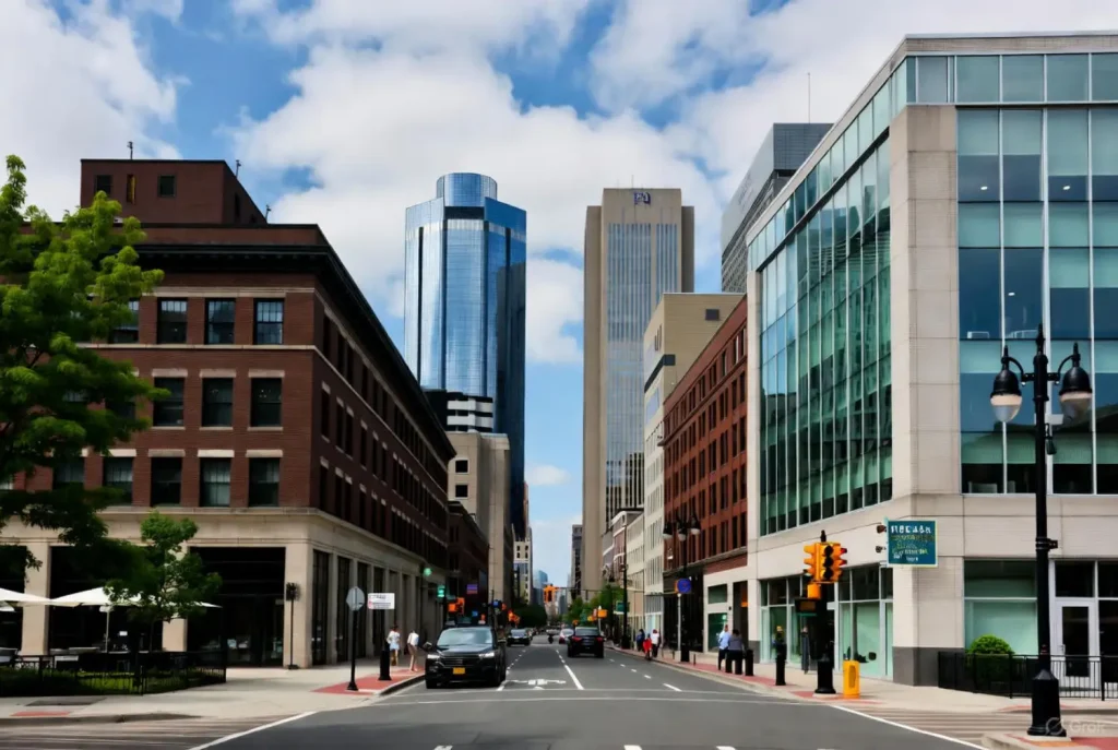Downtown Newark street with modern glass buildings, brick offices, and cars under a partly cloudy sky.