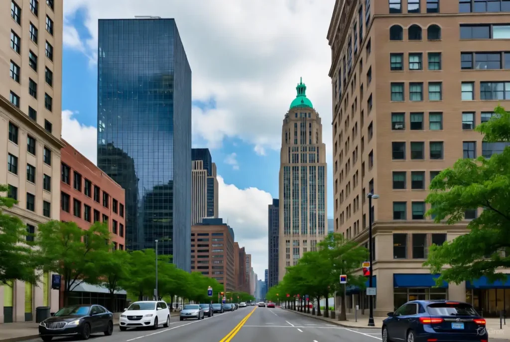 A city street in downtown Newark lined with modern glass and historic stone buildings, green trees, and cars under a partly cloudy sky.