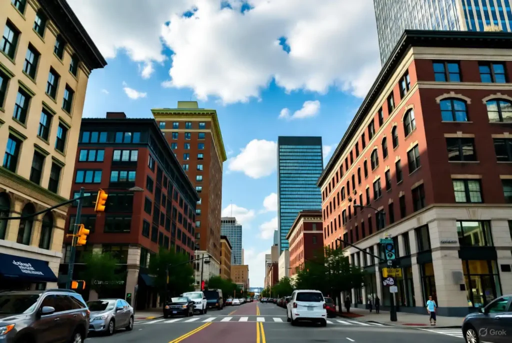 City street in downtown Newark, New Jersey, with cars, pedestrians, and tall historic and modern buildings under a blue sky.