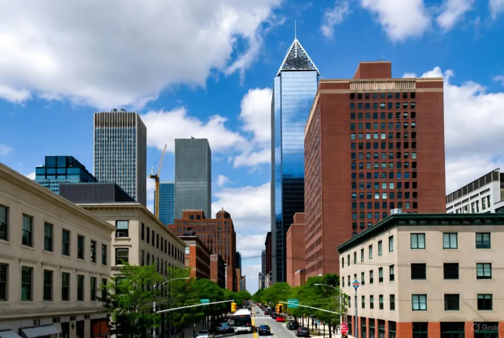 A busy downtown Newark street lined with trees and tall modern skyscrapers under a partly cloudy sky.