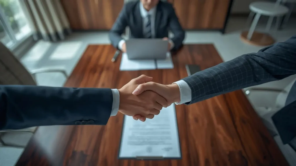Two individuals shaking hands across a desk with a document in focus and a person working on a laptop in the background.