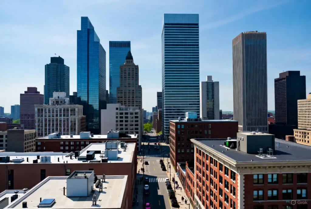 A sunny view of Jersey City’s downtown skyline with modern glass skyscrapers and historic brick buildings.