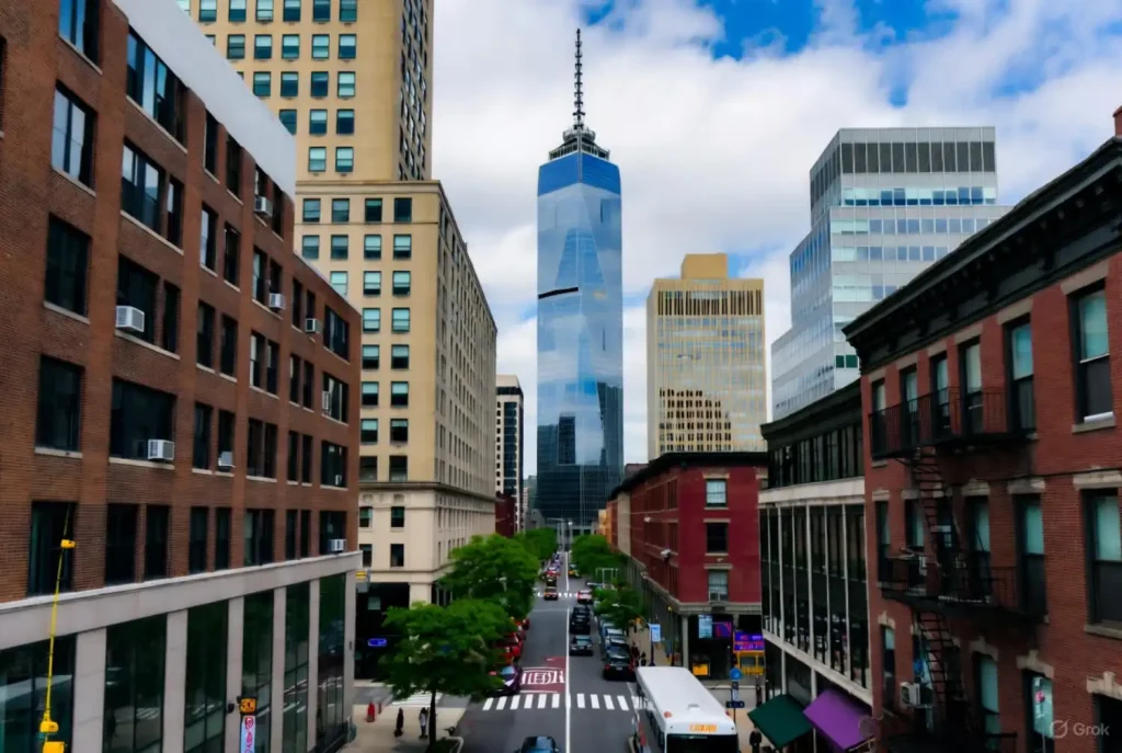 City street in Jersey City with a mix of brick buildings and modern glass skyscrapers, busy with cars and pedestrians.