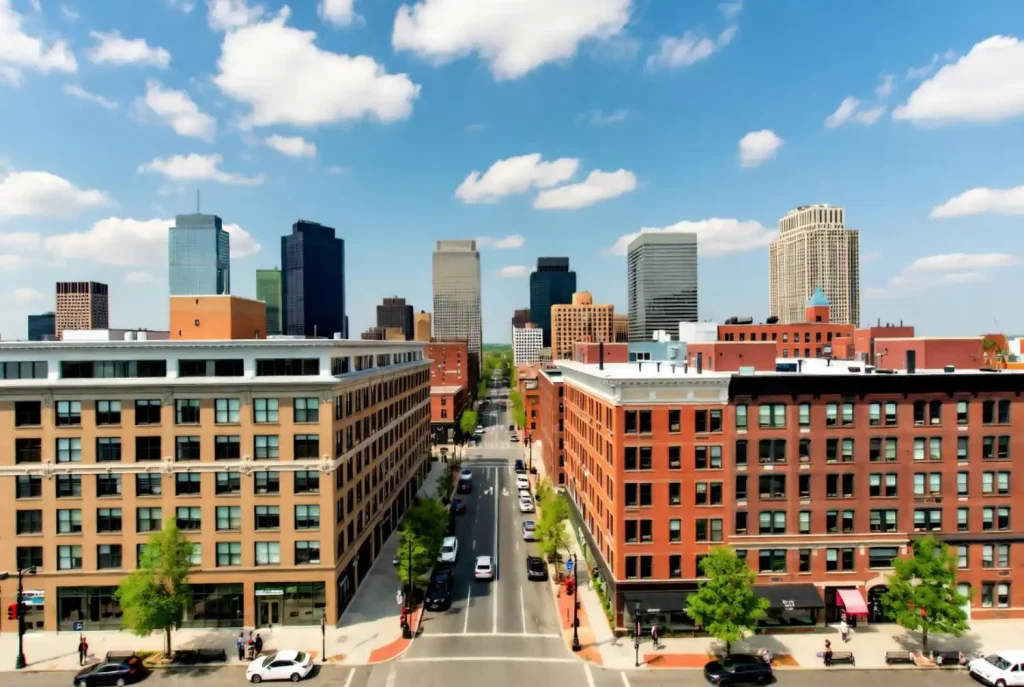 Aerial view of Jersey City with modern high-rise buildings and historic brick apartments on a sunny day.