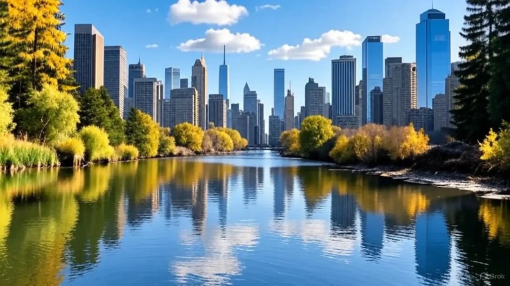 New York City skyline reflected in a peaceful river.