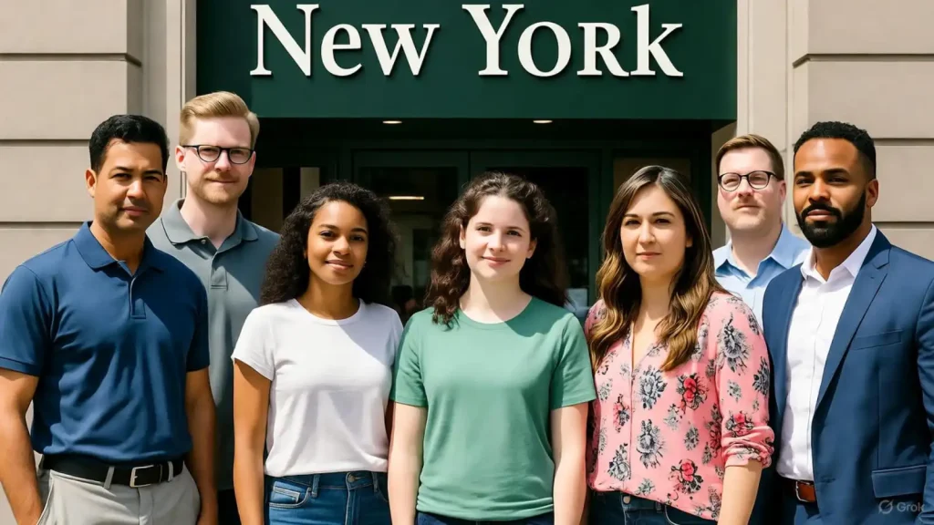 A diverse group of professionals standing in front of a New York sign.