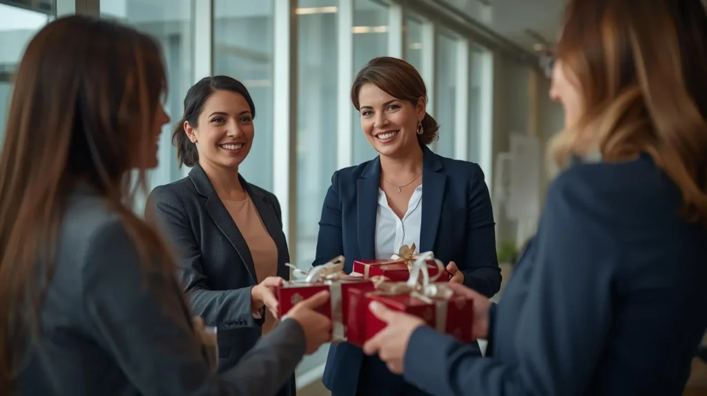 A group of professional women exchanging gift boxes in a bright office setting, smiling and engaging warmly.