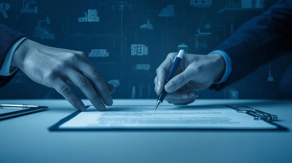 Two professionals reviewing and signing a document on a desk under a blue-toned background.
