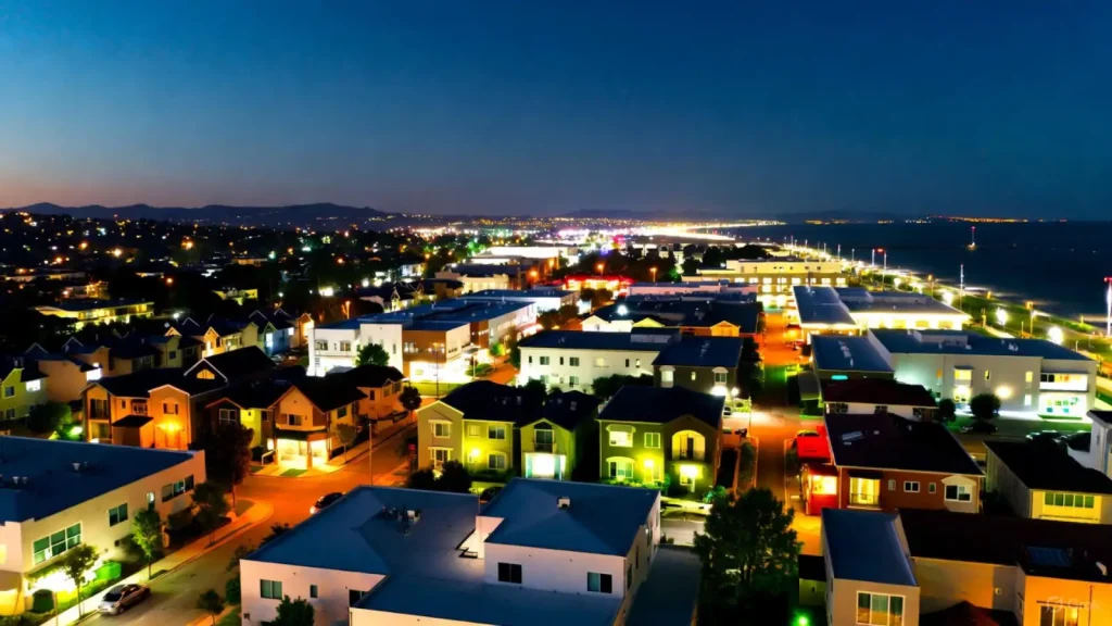 Nighttime aerial view of Orange County, California, showcasing illuminated homes, streets, and distant city lights.