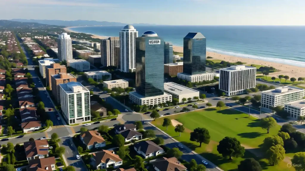 Aerial view of Orange County, California, featuring modern office buildings, residential neighborhoods, and a scenic coastline.
