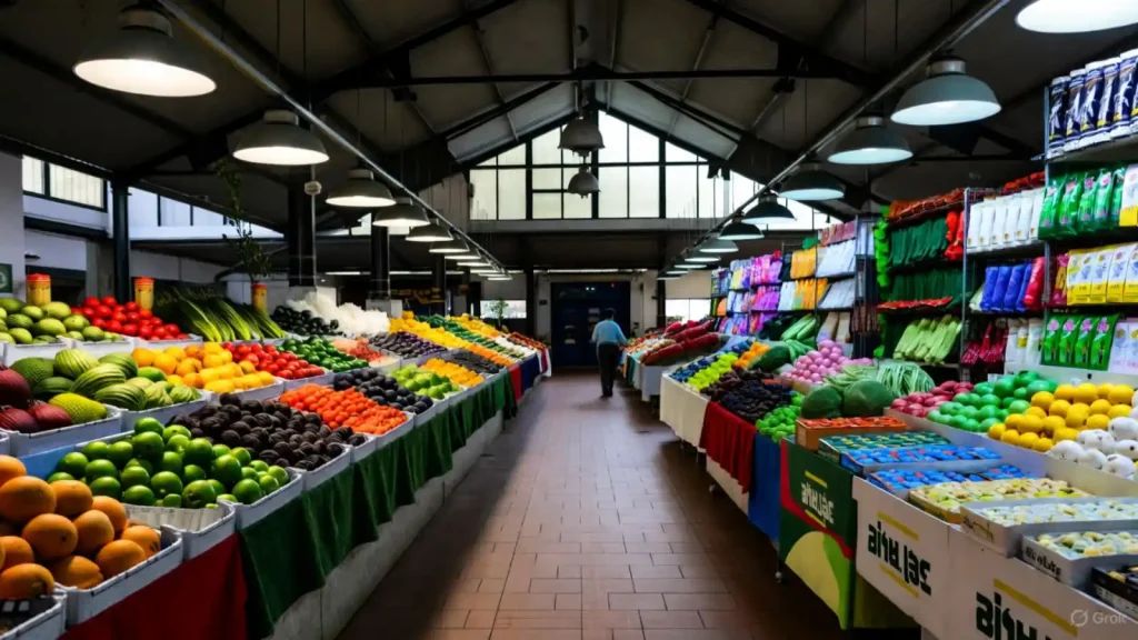 Interior of a vibrant market with colorful fresh fruits, vegetables, and products neatly displayed on both sides of the aisle.