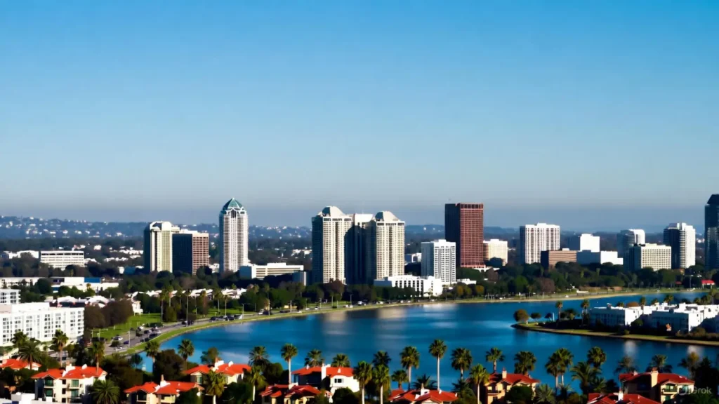 Orange County skyline with modern buildings, palm trees, and a waterfront under a sunny sky.