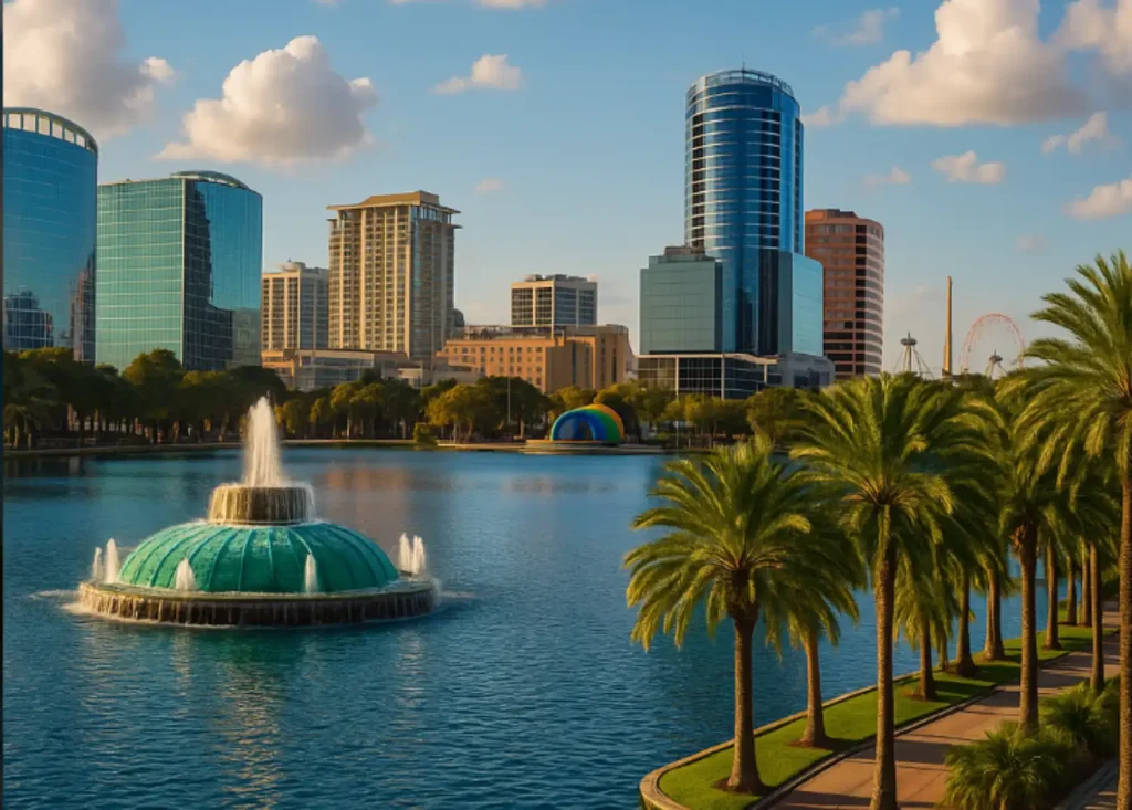 Downtown Orlando skyline with a fountain in a lake, surrounded by palm trees under a sunny sky.