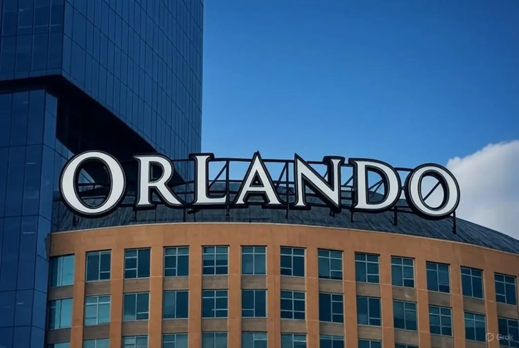 A building in Orlando with a large "Orlando" sign on top, set against a clear blue sky.