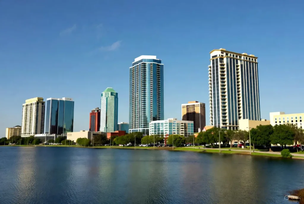 Orlando skyline with tall modern buildings reflecting on a calm lake under a clear blue sky.