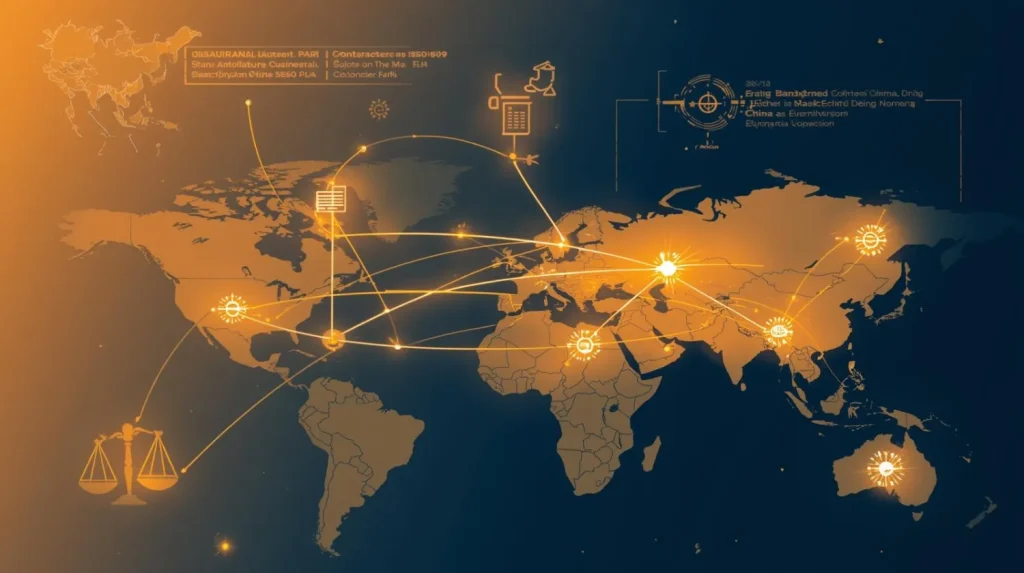 A glowing world map with interconnected points representing global connections and networks.