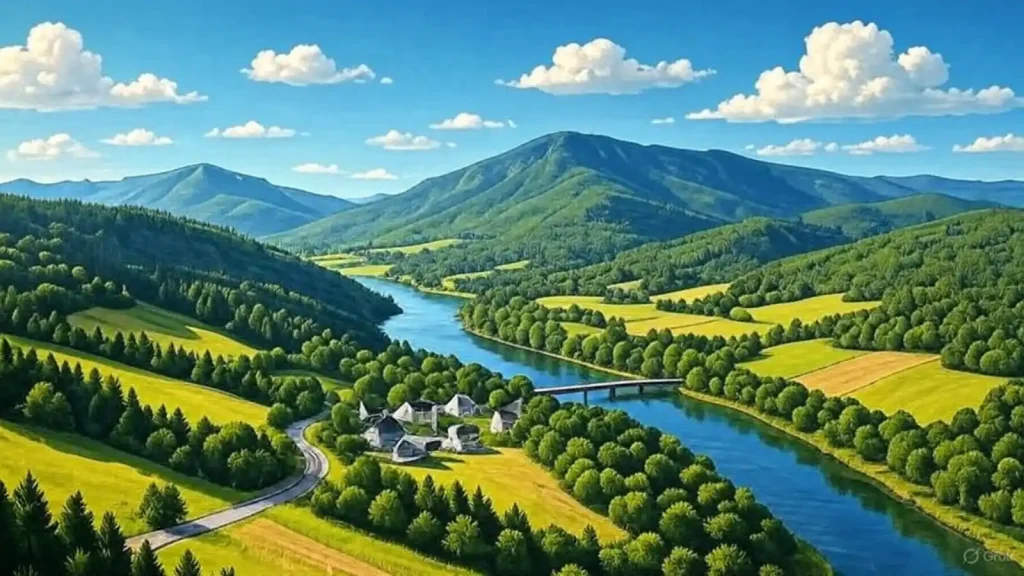 Scenic view of Pennsylvania's lush green hills, winding river, and small village under a sunny sky.