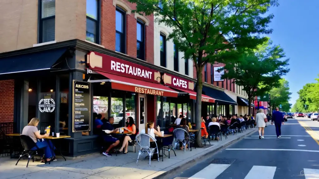Outdoor seating at a vibrant restaurant and café with people dining on a sunny day in Philadelphia.