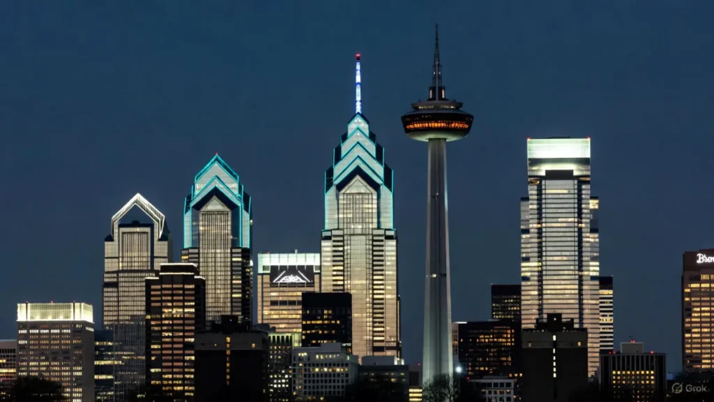Philadelphia skyline at night with illuminated skyscrapers against a dark sky.