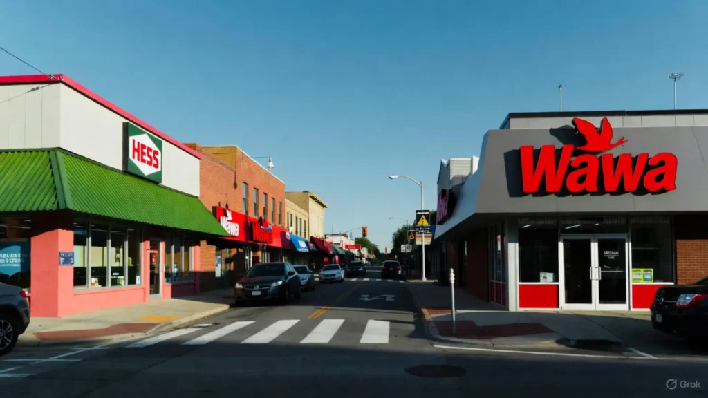 A street view of businesses, including Hess and Wawa, with cars parked along the road under a clear blue sky.