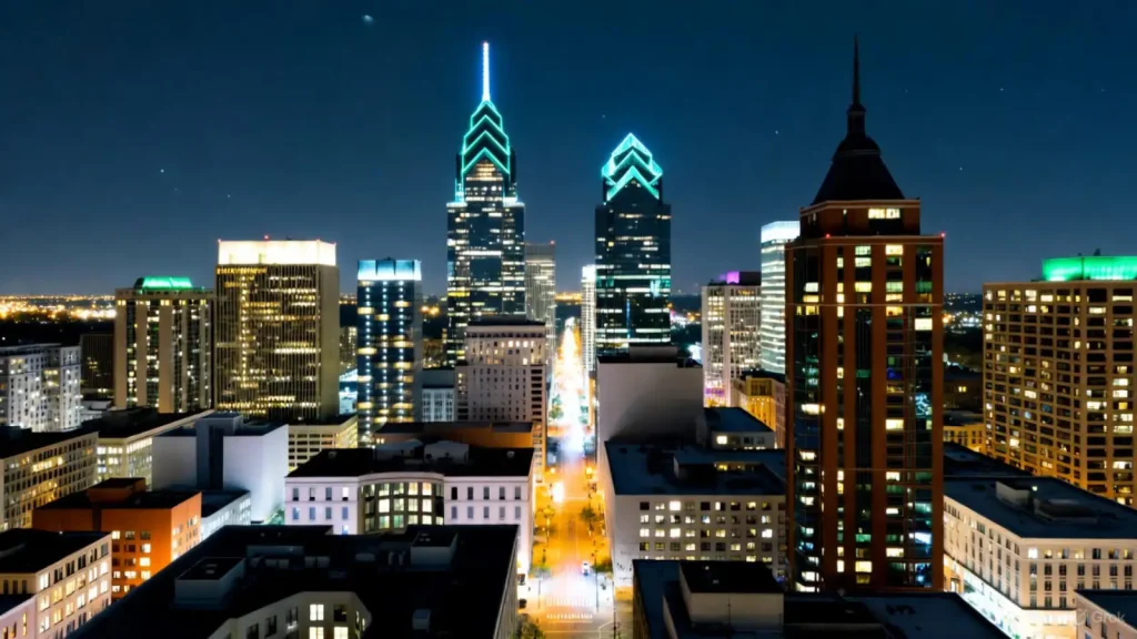 Nighttime view of Philadelphia's illuminated skyline with skyscrapers and city lights.
