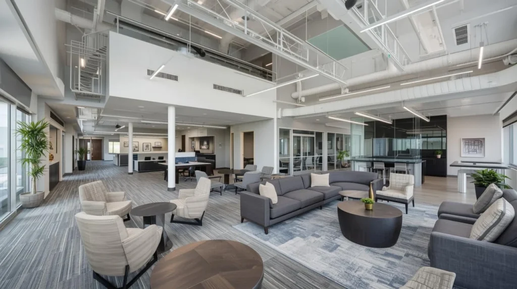 Modern, spacious office lounge area with contemporary furniture including sofas, armchairs, round tables, and large windows letting in natural light.