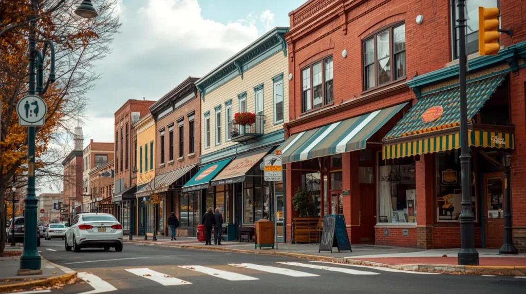 Small-town main street with colorful brick buildings, striped awnings, and a few pedestrians on a cloudy day.