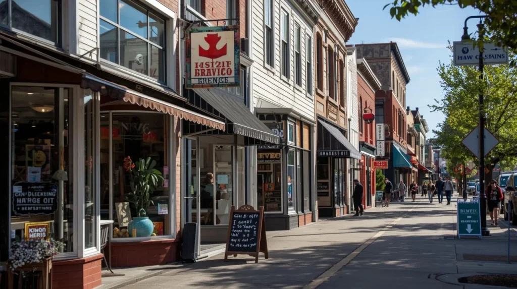 A charming downtown street lined with small shops and storefronts on a sunny day, with pedestrians walking along the sidewalk and trees providing shade.