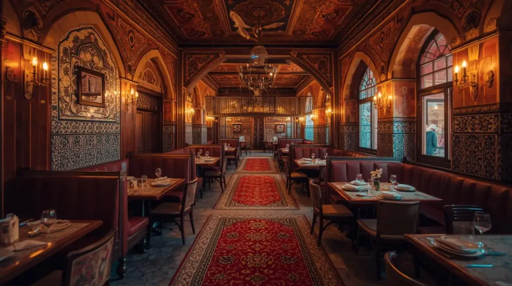 Elegant Persian restaurant interior with ornate carpets, arched windows, decorative tilework, and cozy booth seating.
