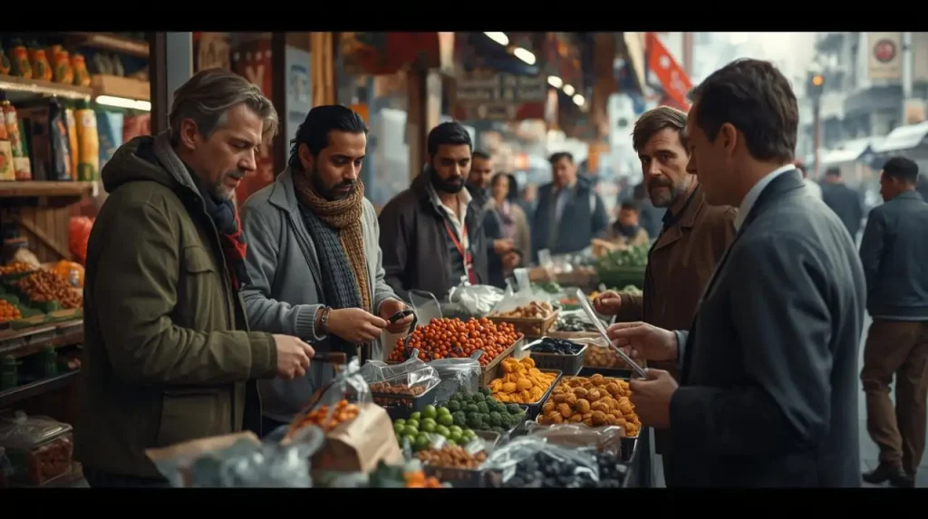Several men gather at an outdoor market stall in Spokane, selecting fresh fruits and produce in a lively, social atmosphere.