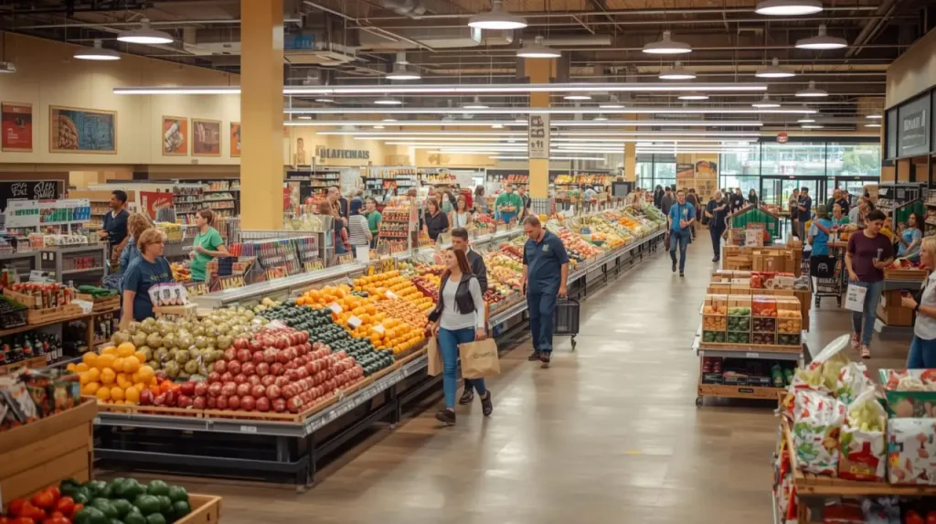 Shoppers browse fresh produce and groceries in a bright, spacious supermarket with wide aisles and organized displays.
