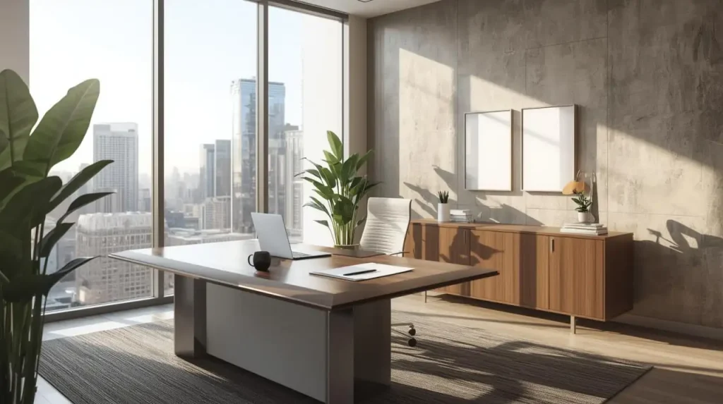 Modern office with large windows, wooden desk, white chair, and green plants, overlooking a city skyline.