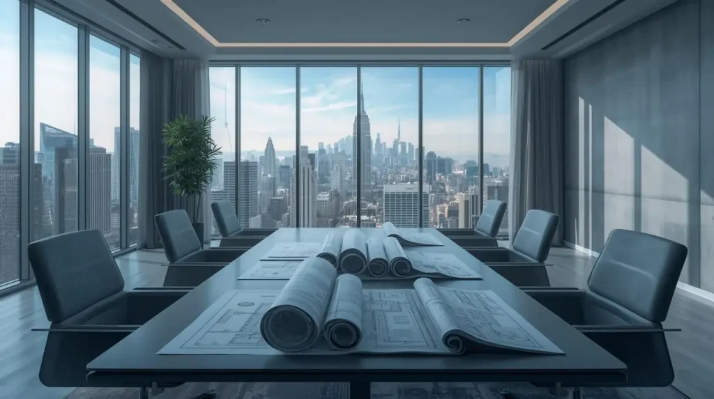 Modern conference room with a large table covered in architectural blueprints, surrounded by black chairs, and floor-to-ceiling windows offering a panoramic city skyline view.