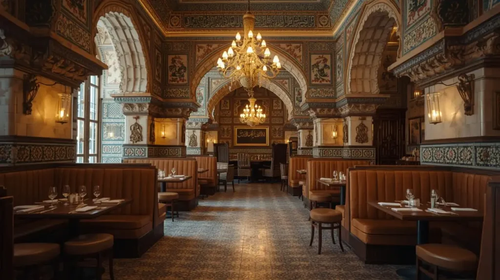 Elegant Persian restaurant interior with ornate tilework, arched doorways, chandeliers, and cozy booth seating.