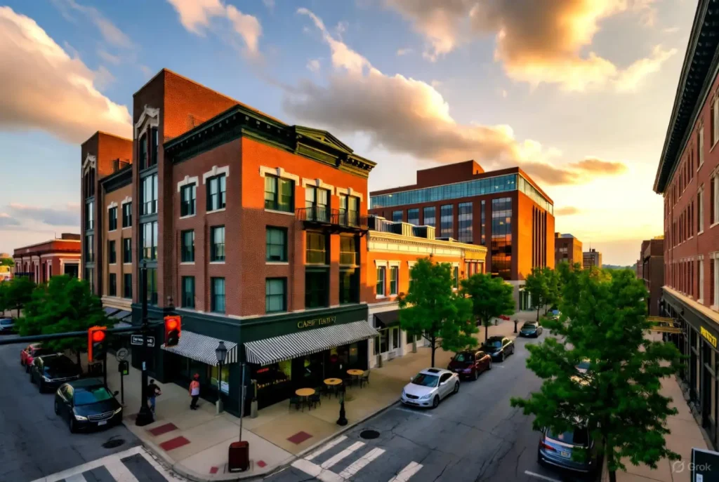 A vibrant street corner in downtown Richmond at sunset, featuring historic brick buildings, leafy trees, and outdoor café seating.