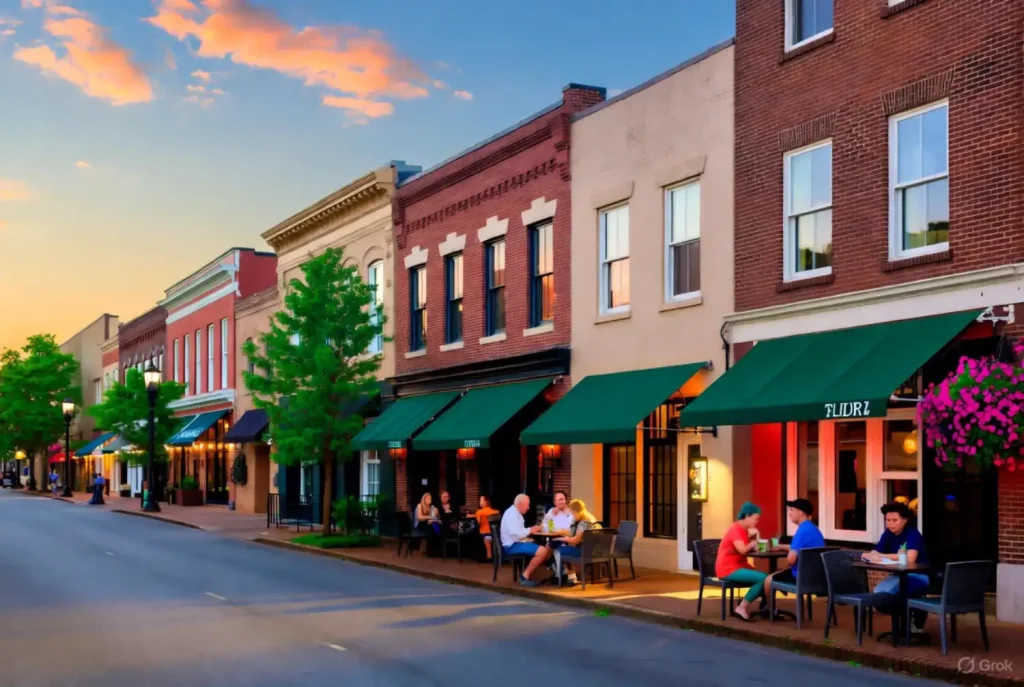 People dining outdoors at cozy cafés along a charming brick-lined street in downtown Richmond at sunset.