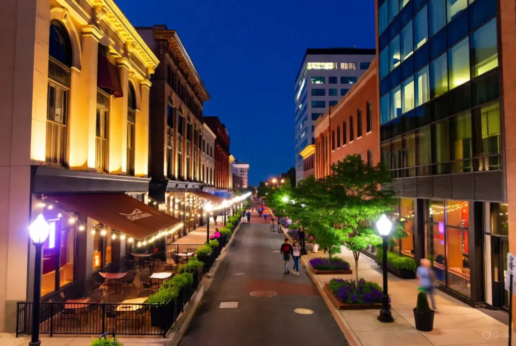 A lively downtown Richmond street at night, with glowing string lights over outdoor café seating, historic brick buildings, and people walking along the sidewalk.