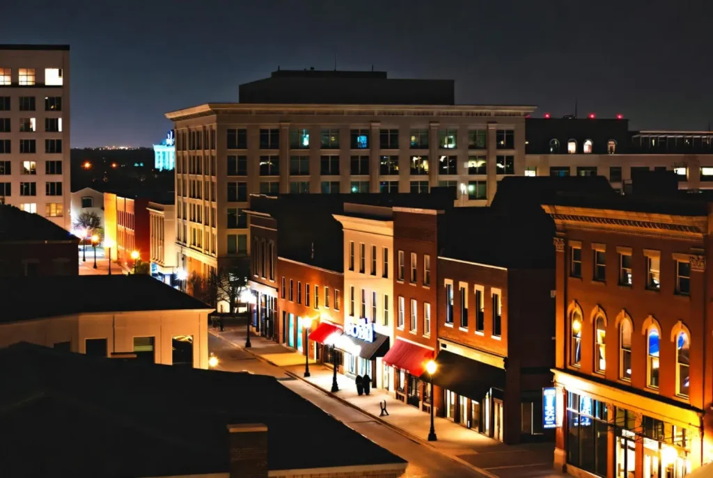 Downtown Richmond at night, with warmly lit historic brick buildings and modern offices lining a quiet city street.