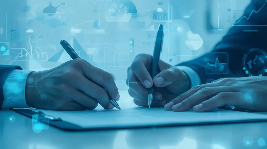 Two people in business attire signing documents on a clipboard, with digital business icons overlayed.
