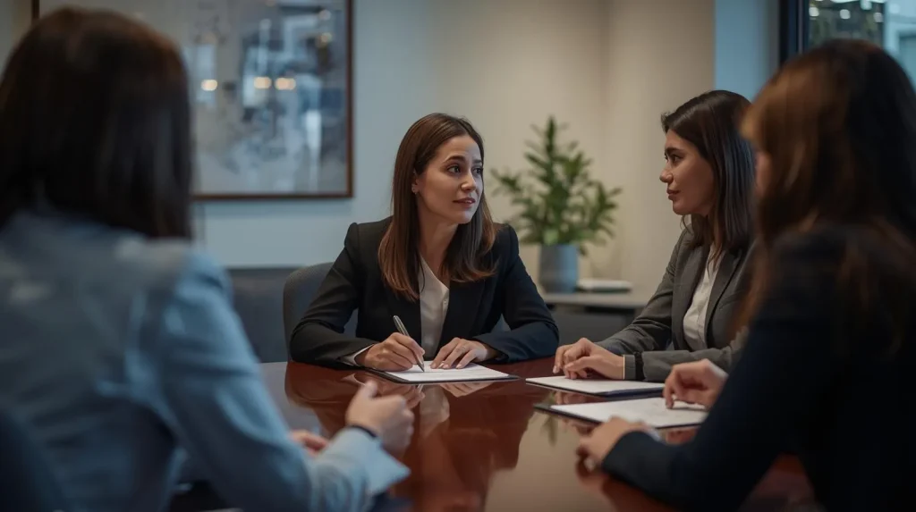 Four professionals having a business meeting around a conference table.