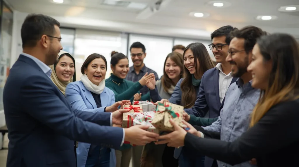 A diverse group of people smiling and exchanging wrapped gifts in an office setting.