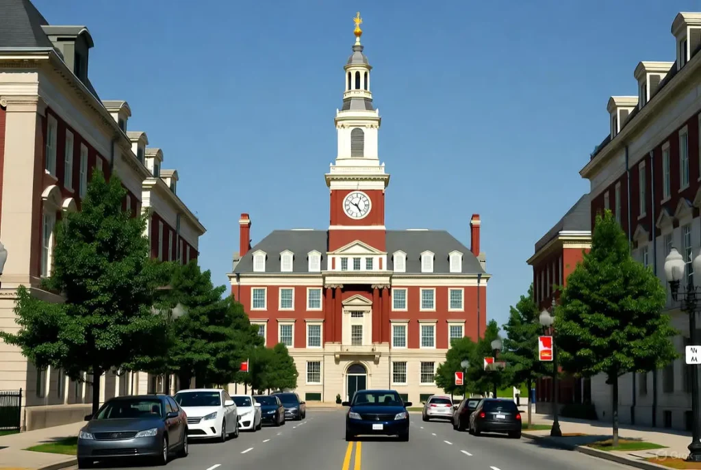 A wide street lined with cars and red-brick buildings, leading to a large building with a clock tower.