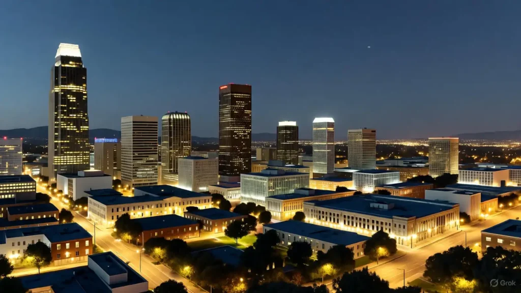 Night view of Sacramento cityscape with illuminated modern buildings and streets.