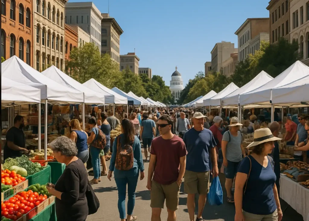 Busy outdoor market in Sacramento with white canopies, shoppers, and the California State Capitol in the background.