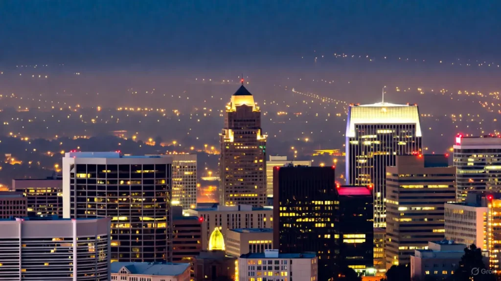 Nighttime skyline of Sacramento, California, with illuminated office buildings and city lights in the background.