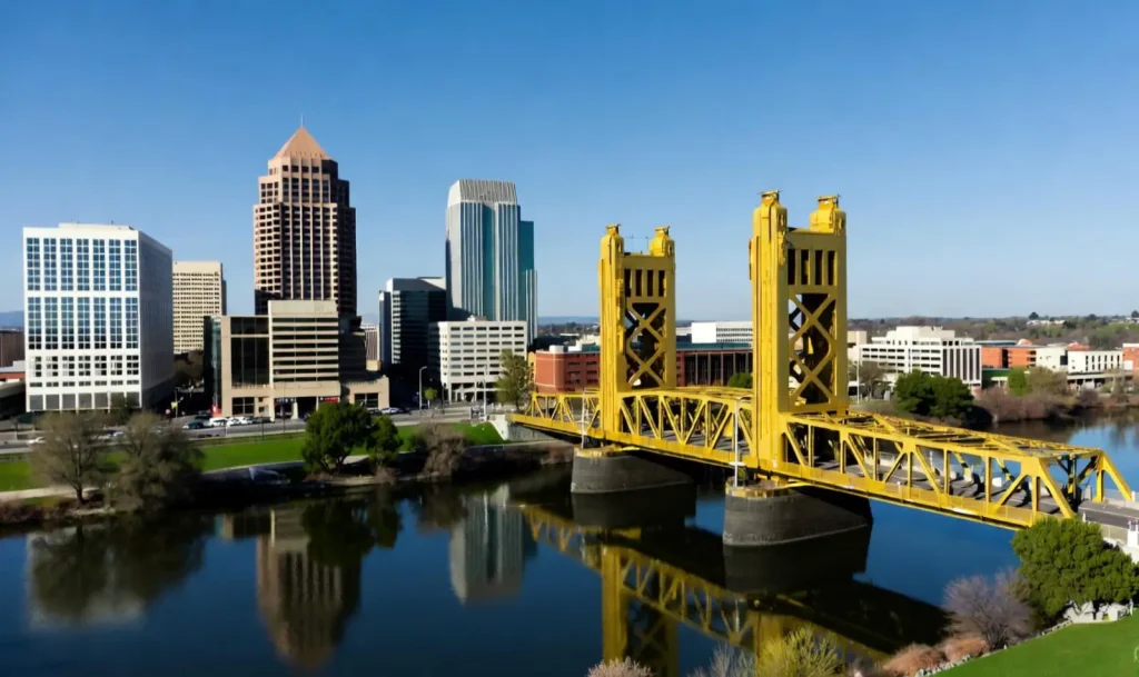Sacramento's Tower Bridge with modern city buildings in the background, reflected in the river on a clear day.