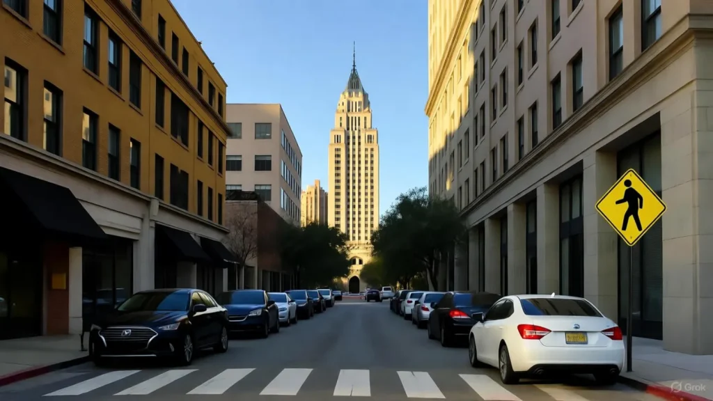 Street with parked cars leading to a tall historic building in San Antonio.